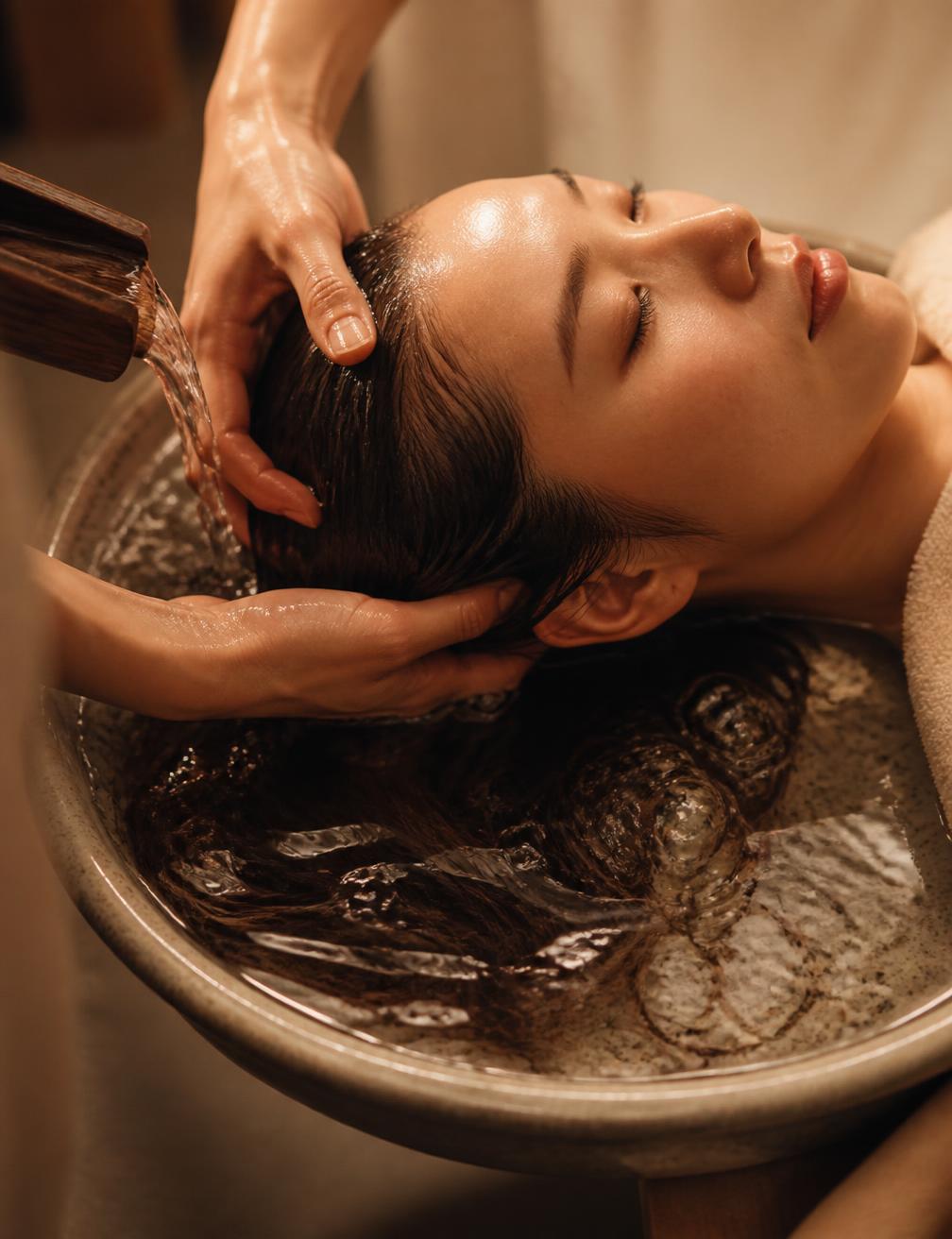 Dettaglio di un rituale head spa con acqua calda e mani sul cuoio capelluto