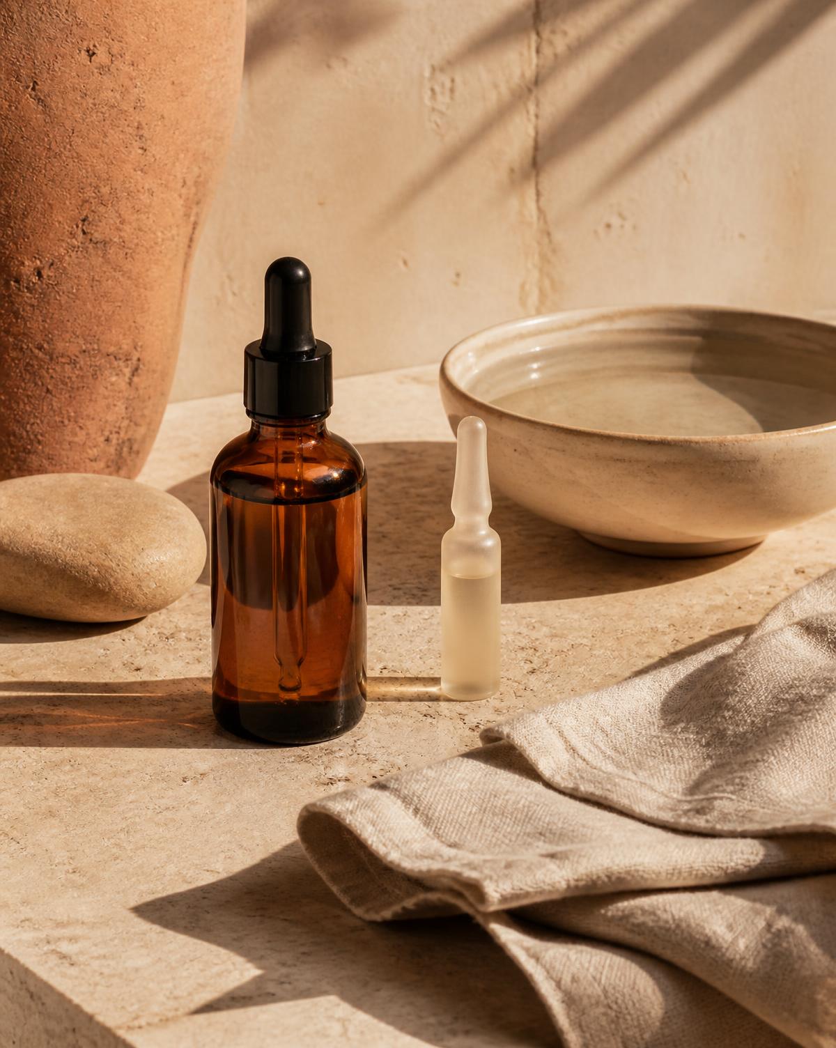 Siero, fiala cosmetica e ciotola di ceramica su travertino in luce calda